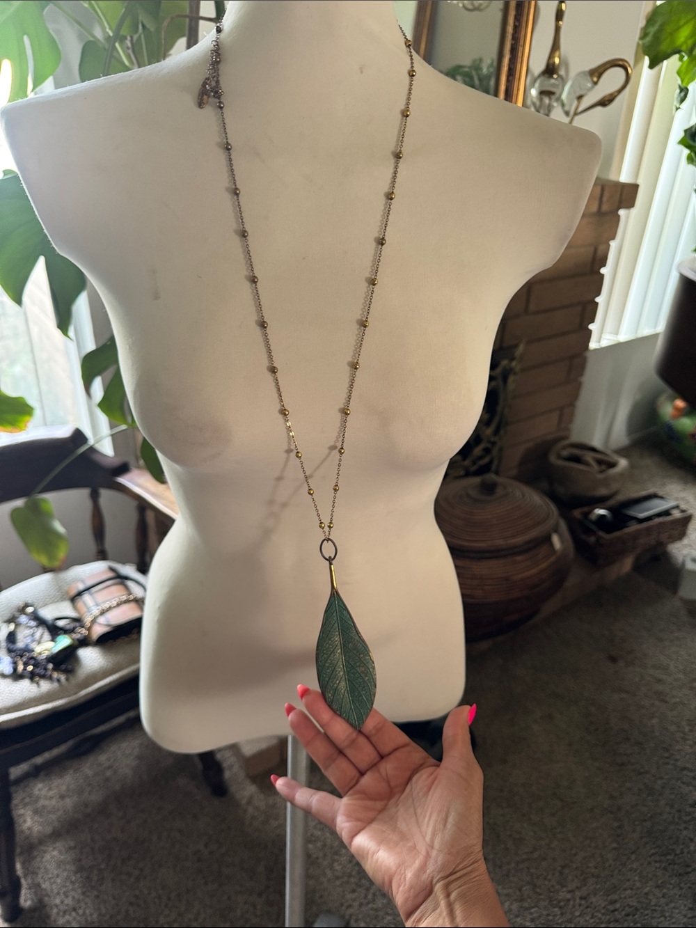 Plunder Gold-Tone Chain Necklace with Green Leaf Pendant
